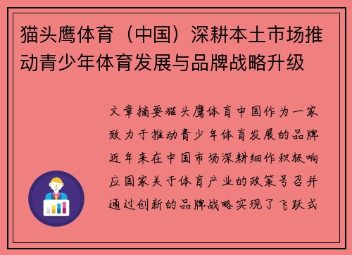 猫头鹰体育（中国）深耕本土市场推动青少年体育发展与品牌战略升级
